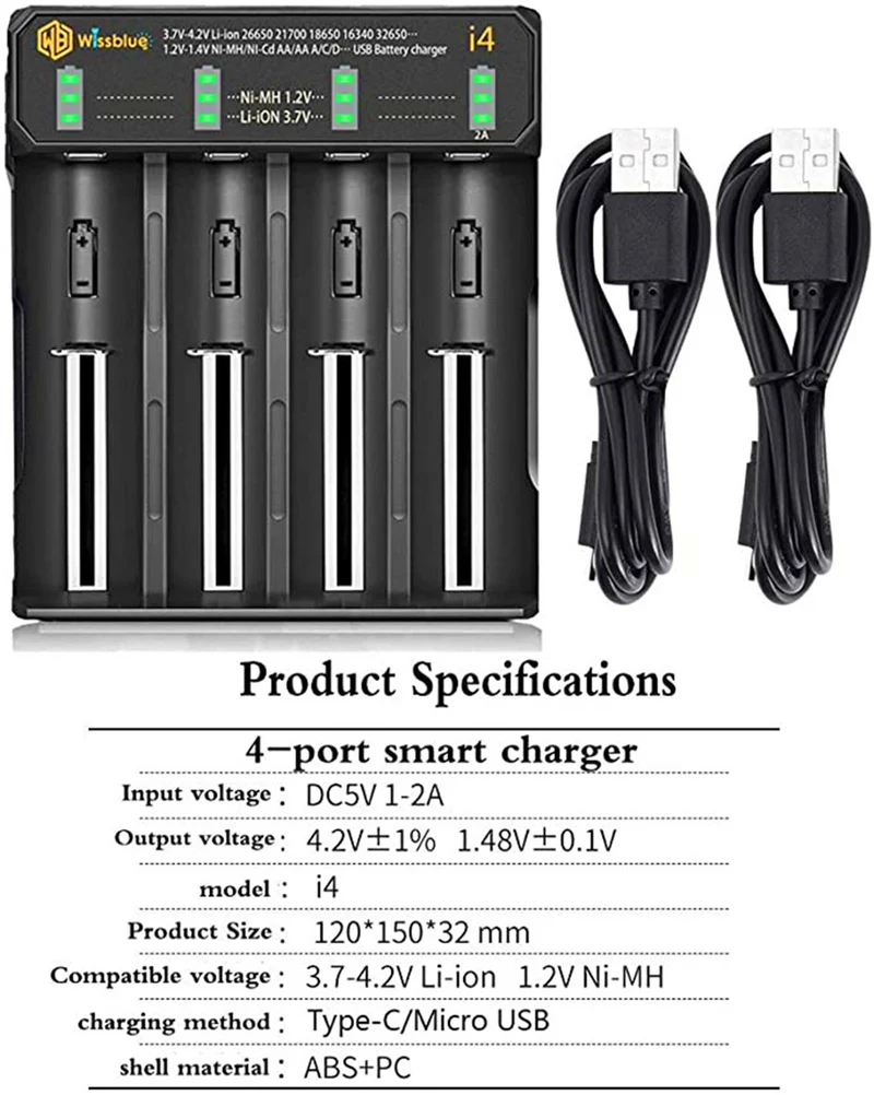 18650 battery charger 4 port, 3.7 V / 1.5 V 2 A quick charger RCR123A, NI MH NI Cd A AA AAA