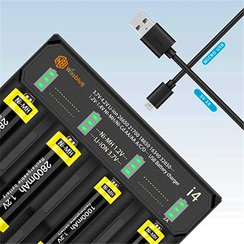 18650 battery charger 4 port, 3.7 V / 1.5 V 2 A quick charger RCR123A, NI MH NI Cd A AA AAA