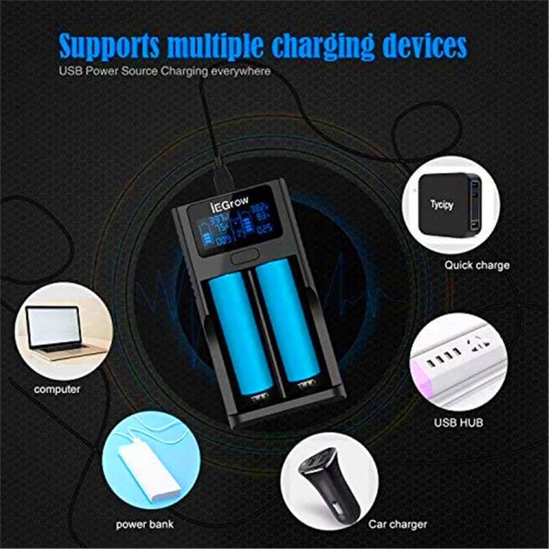 iEGrow 18650 battery charger, LCD battery charger with USB port, 3.7 V lithium ion batteries, 2 slots