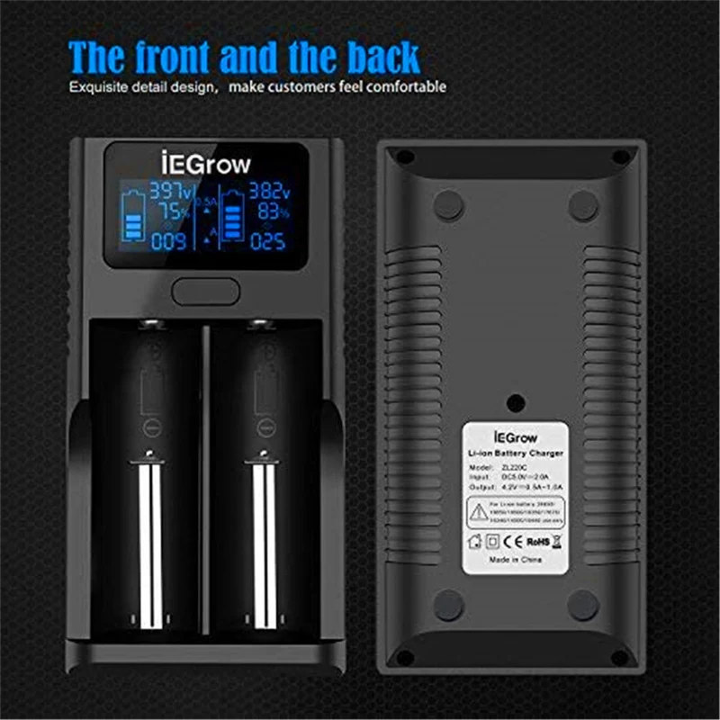 iEGrow 18650 battery charger, LCD battery charger with USB port, 3.7 V lithium ion batteries, 2 slots