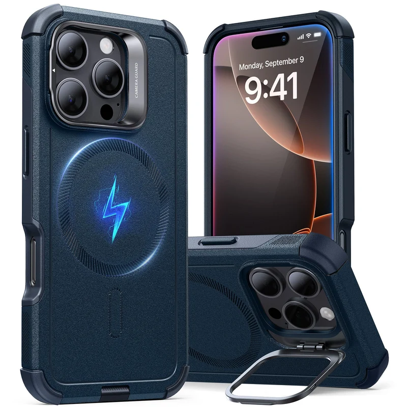 iPhone 16 Pro Cyber Tough Case with Stash Stand (HaloLock) - Dark Blue