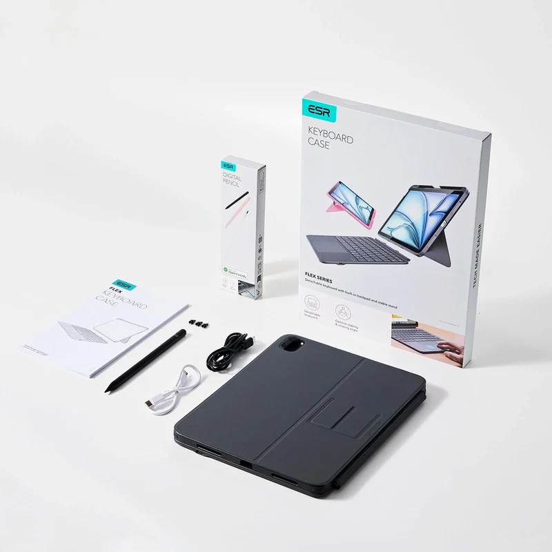 iPad 11" (A16) 2025 Flex Keyboard Case (Detachable) With Geo Pencil Bundle - US Layout Dark Gray With Black Pencil
