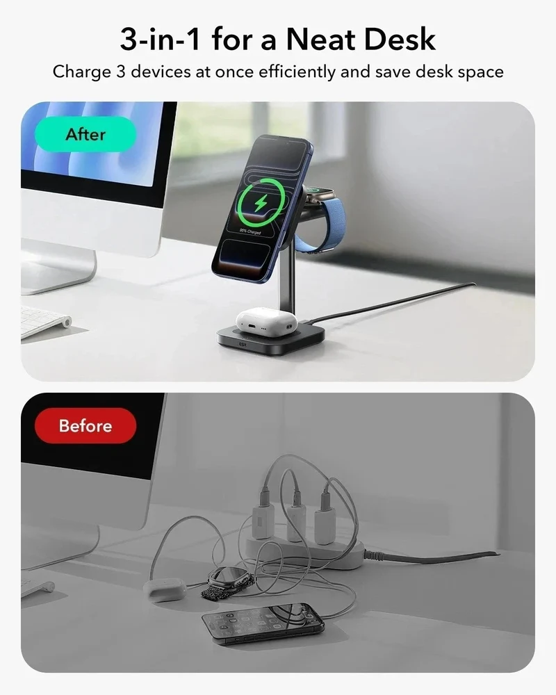 25W CryoBoost 3-in-1 Magnetic Charger (Qi2) and Wallet Stand Bundle - US Plug–White