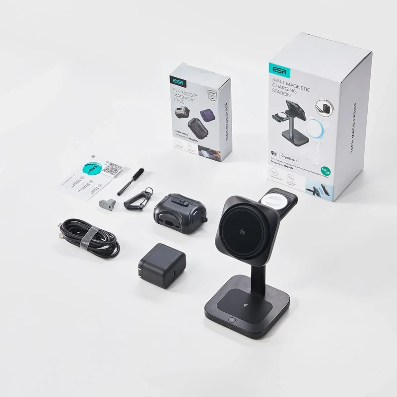 25W CryoBoost 3-in-1 Magnetic Charger (Qi2) and AirPods Pro 3 Cyber FlickLock Case Bundle - US Plug–White