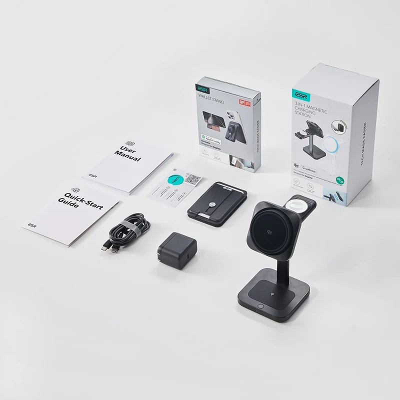25W CryoBoost 3-in-1 Magnetic Charger (Qi2) and Wallet Stand Bundle - US Plug–Black