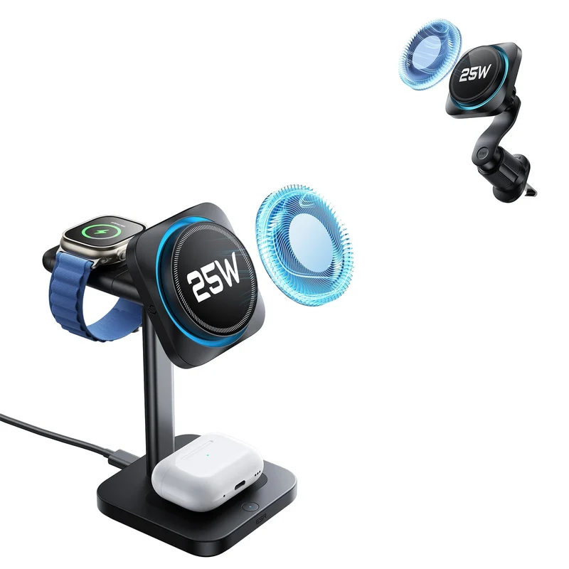 25W CryoBoost 3-in-1 Magnetic Charger (Qi2) and Car Charger (Air Vent) Bundle - US Plug–Black