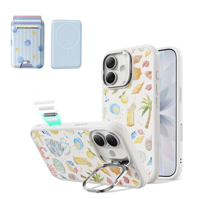 iPhone 17 Bundle Classic Hybrid Magnetic Case (Camera Control, Stash Stand) & Classic Magnetic Wallet - Coastal Summer
