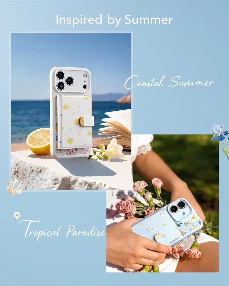 iPhone 17 Classic Hybrid Magnetic Case (Camera Control) & Aura Clutch Magnetic Wallet - Tropical Paradise