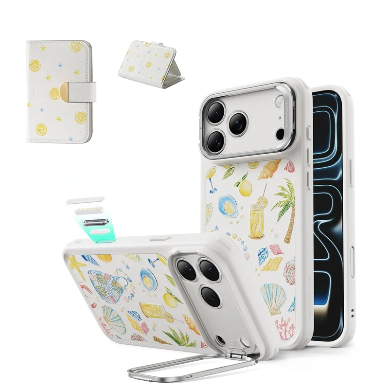 iPhone 17 Pro Max Classic Hybrid Magnetic Case (Camera Control, Stash Stand) & Aura Clutch Magnetic Wallet - Coastal Summer