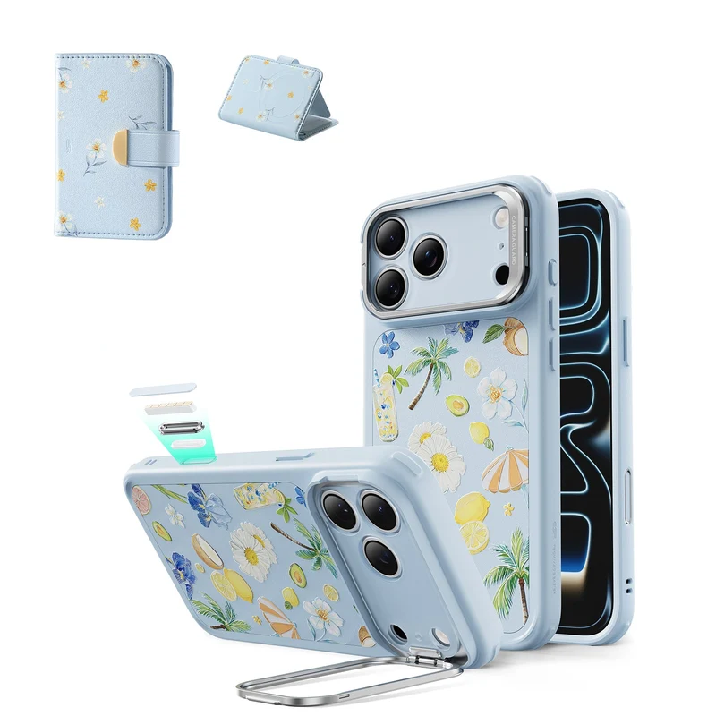iPhone 17 Pro Classic Hybrid Magnetic Case (Camera Control, Stash Stand) & Aura Clutch Magnetic Wallet - Tropical Paradise