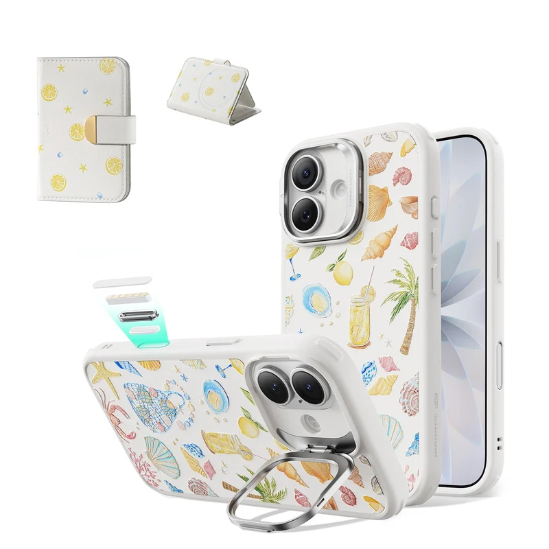 iPhone 17 Classic Hybrid Magnetic Case (Camera Control, Stash Stand) & Aura Clutch Magnetic Wallet - Coastal Summer