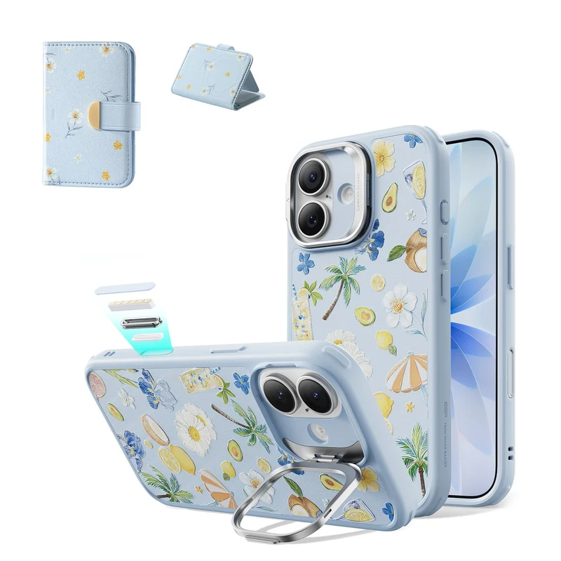iPhone 17 Classic Hybrid Magnetic Case (Camera Control, Stash Stand) & Aura Clutch Magnetic Wallet - Tropical Paradise
