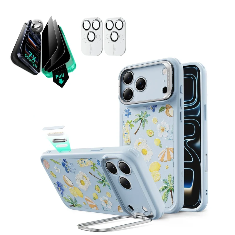 iPhone 17 Pro Max Bundle Classic Hybrid Magnetic Case (Camera Control, Stash Stand) and Armorite Privacy Screen Protector - Tropical Paradise