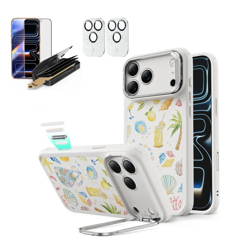 iPhone 17 Pro Max Bundle Classic Hybrid Magnetic Case (Stash Stand) and Armorite Pro Privacy Screen Protector - Coastal Summer