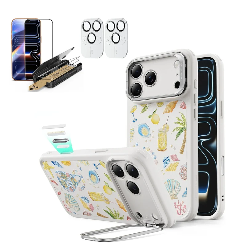 iPhone 17 Pro Max Bundle Classic Hybrid Magnetic Case (Camera Control, Stash Stand) and Armorite Pro Screen Protector - Coastal Summer