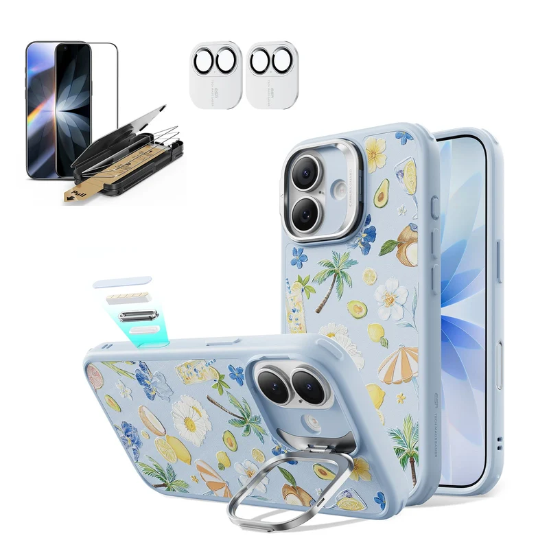 iPhone 17 Bundle Classic Hybrid Magnetic Case (Camera Control, Stash Stand) and Armorite Pro Screen Protector - Tropical Paradise