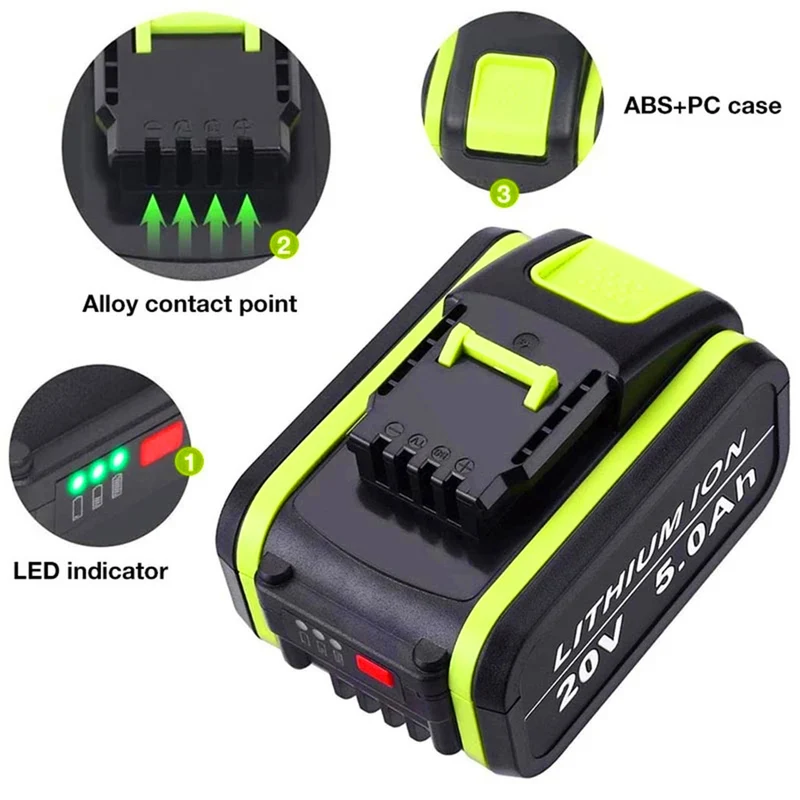 2PCS 20V 5.0 Ah lithium-ion battery for Worx power tools WA3553 WX678