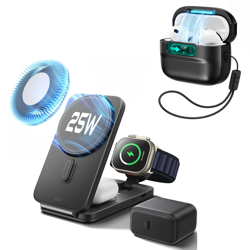 25W CryoBoost Foldable 3-in-1 Magnetic Charger and AirPods Pro 3 Pulse FlickLock Case Bundle – US Plug-Black
