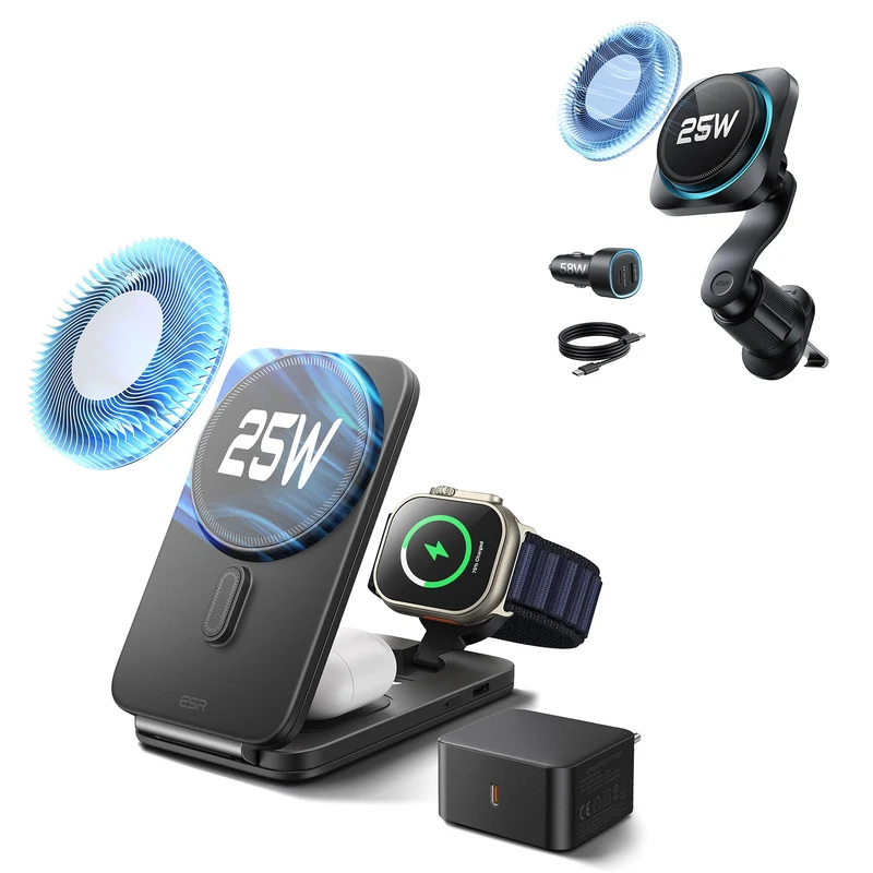 25W CryoBoost Foldable 3-in-1 Magnetic Charger and Car Charger (Air Vent) Bundle– EU Plug-Black