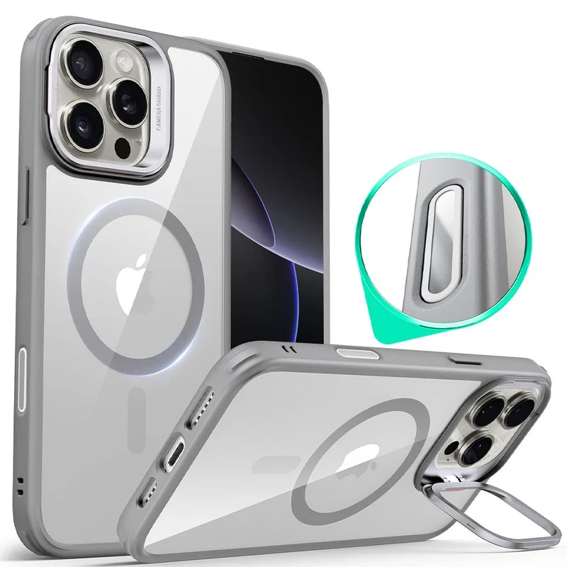 iPhone 16 Pro Max Classic Hybrid Magnetic Case (Camera Control, Stash Stand) - Clear Grey