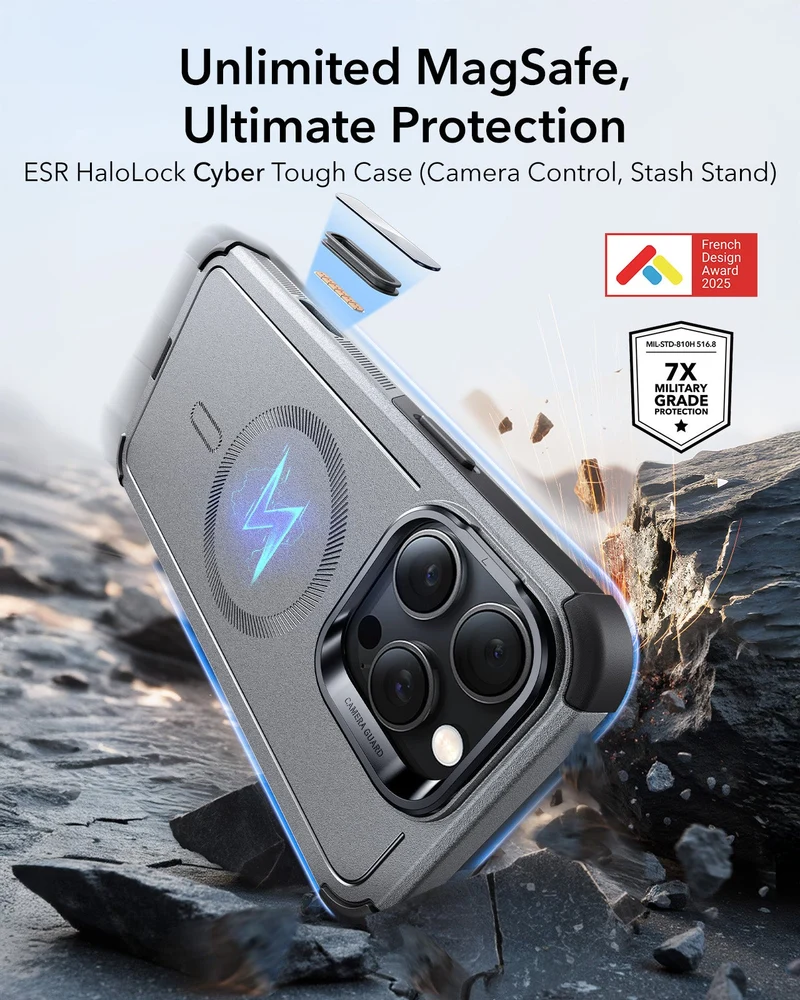 iPhone 16 Pro Max Cyber Tough Magnetic Case (Camera Control, Stash Stand) - Titanium