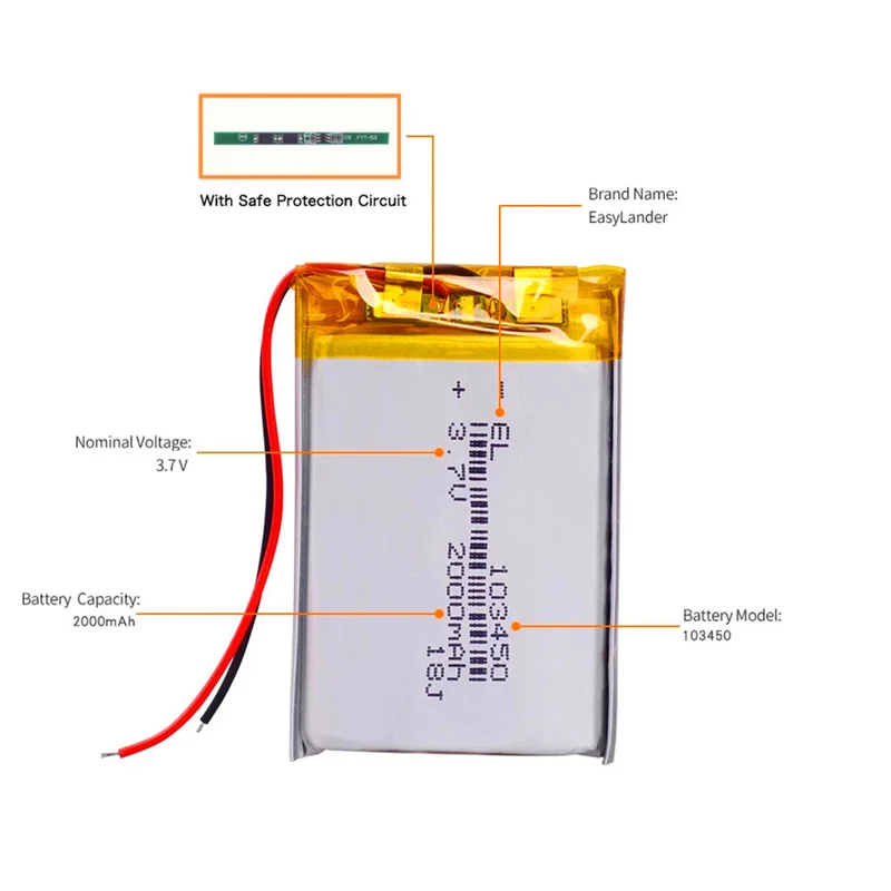 3.7V 2000mAh 103450 Lithium Polymer Lithium Battery Navigator DVR GPS Camera