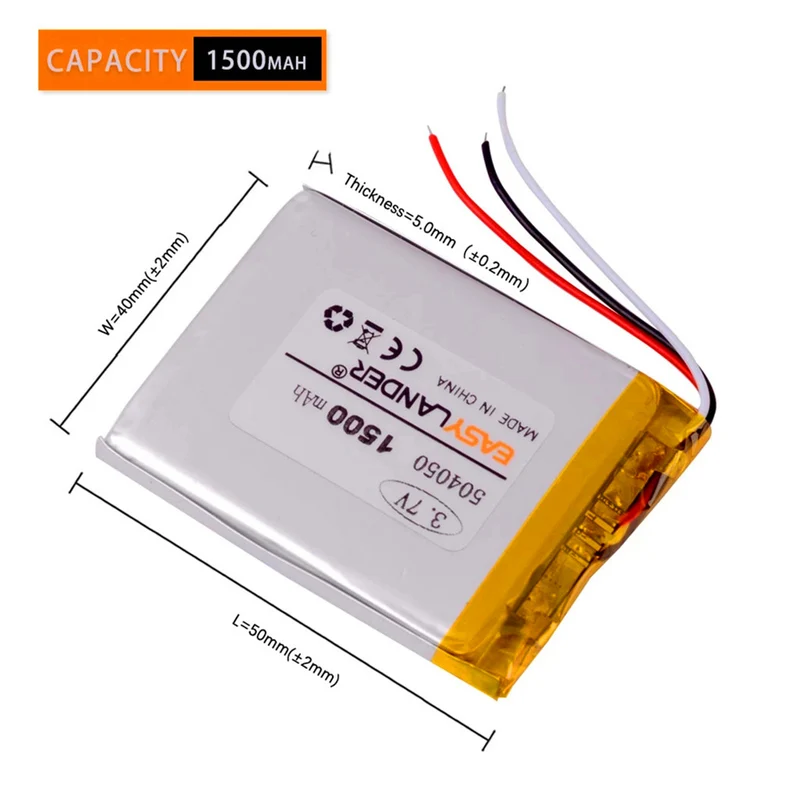 504050 3.7V 3-Wire 1500MAH Polymer Lithium Battery for GPS, mp3, mp4 ,Cell Phone, Navigator DVR