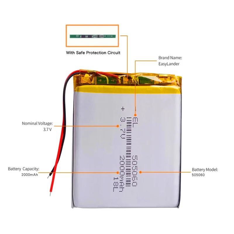 3.7V 2000mAh 505060 lithium battery for intercom Bluetooth speaker PDA POS GPSPOS