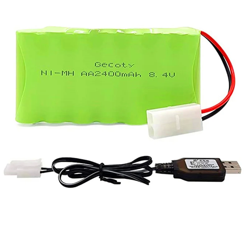 8.4V 2400mAh RC battery, rechargeable NI-MH AA battery pack with USB charging cable and KET 2P plug, for remote-controlled toys