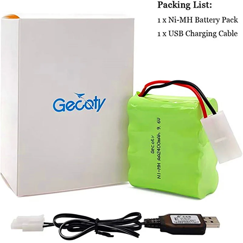 9.6V NiMH battery, 2400mAh rechargeable AA battery pack with USB charging cable and KET 2P connector