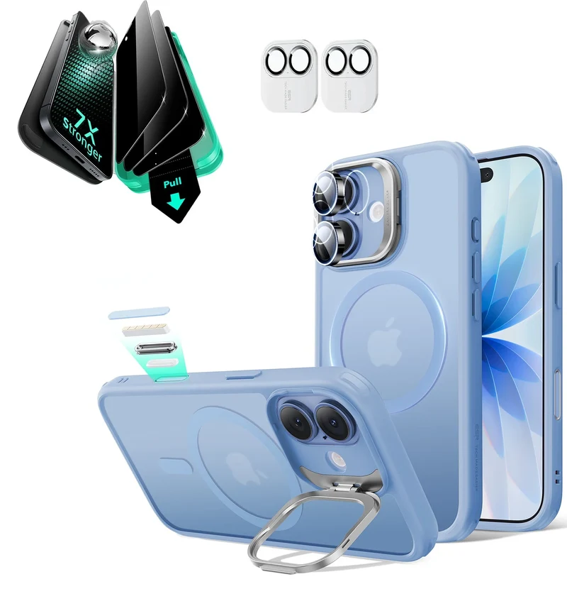 iPhone 17 Bundle Classic Hybrid Magnetic Case (Camera Control, Stash Stand) and Armorite Privacy Screen Protector - Frosted Light Blue