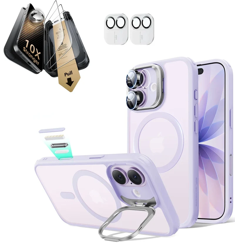 iPhone 17 Bundle Classic Hybrid Magnetic Case (Camera Control, Stash Stand) and Armorite Pro Screen Protector - Frosted Light Purple