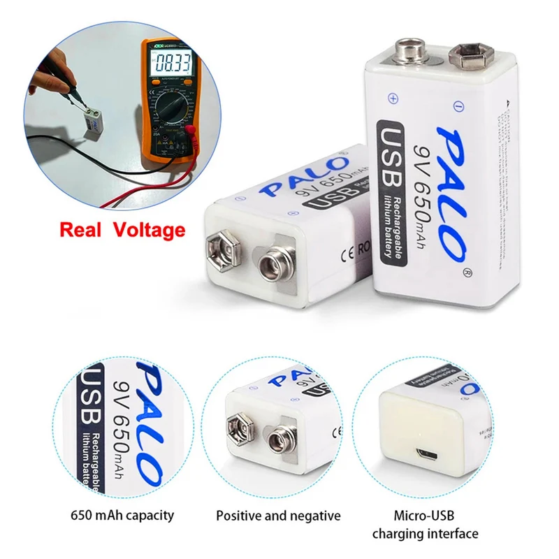 2 pieces 650mAh Micro USB 6F22 9V Li-ion Lithium Battery for Remote Control Helicopter Model Microphone Toy
