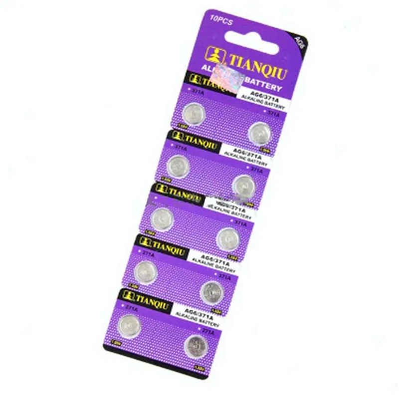200 pieces = 20 cards AG6 1.55 V alkaline button battery 371 d371 605 sr920sw sr69 Advertising watch button battery