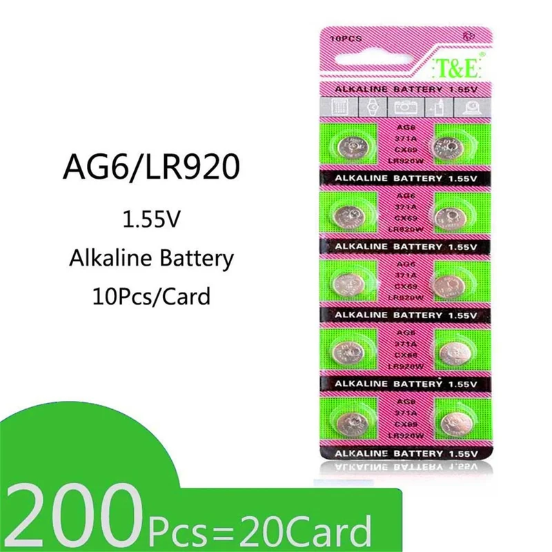 200 pieces = 20 cards AG6 1.55 V alkaline button battery 371 d371 605 sr920sw sr69 Advertising watch button battery