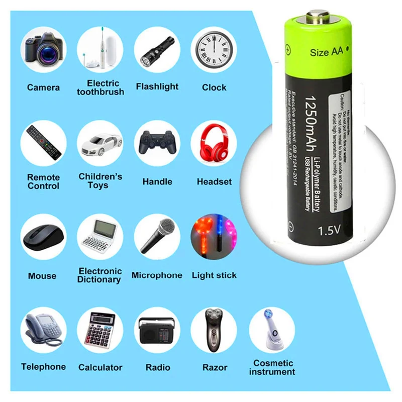2 pieces / set AA battery 1.5V 2A 1250mAh micro USB lithium battery with charging cable