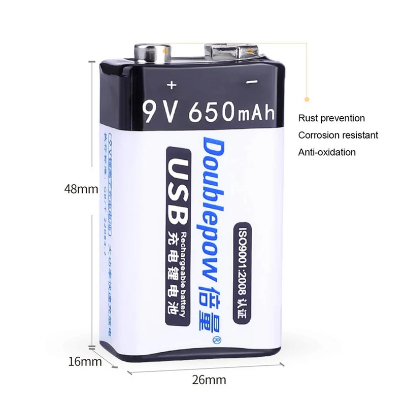 USB rechargeable 9v 650mAh lithium-ion battery 6F2 2 lithium-ion battery for toy remote control KTV multimeter microphone