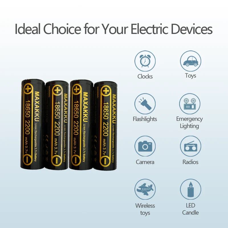 4pcs 3.7V 2200mAh 18650 True Capacity 100% Rechargeable Lithium Battery for Radio Flashlight