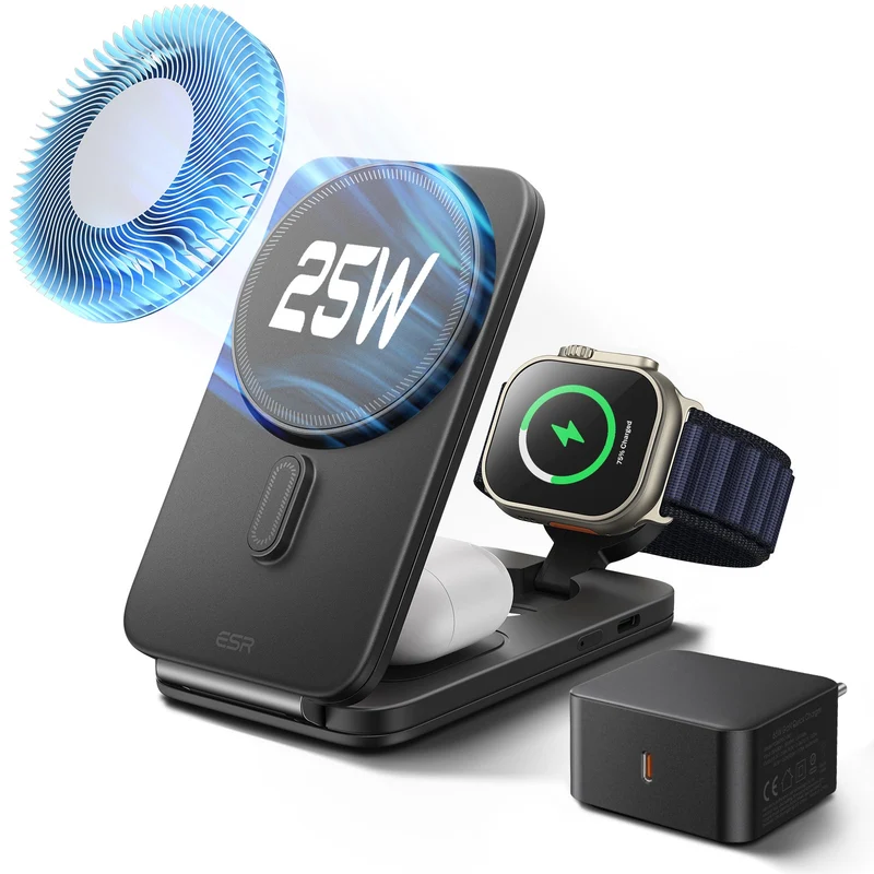 CryoBoost Foldable 3-in-1 Magnetic Charging Station (25W) – EU Plug-Black