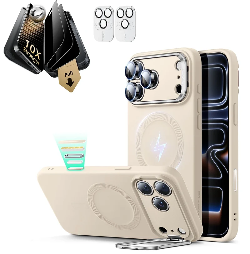 iPhone 17 Pro Max Bundle Cloud Soft Magnetic Case (Stash Stand) and Armorite Pro Privacy Screen Protector - Light Tan