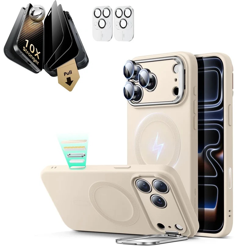 iPhone 17 Pro Bundle Cloud Soft Magnetic Case (Stash Stand) and Armorite Pro Privacy Screen Protector - Light Tan