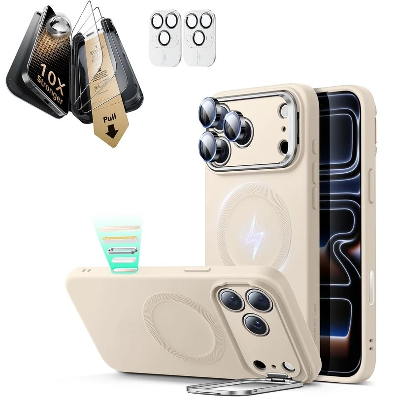 iPhone 17 Pro Bundle Cloud Soft Magnetic Case (Camera Control, Stash Stand) and Armorite Pro Screen Protector - Light Tan