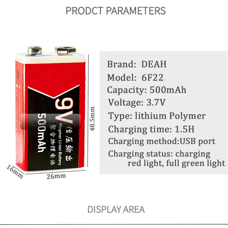 14450 500mAh 9V USB lithium-ion polymer battery for wireless multimeter microphone headset massager