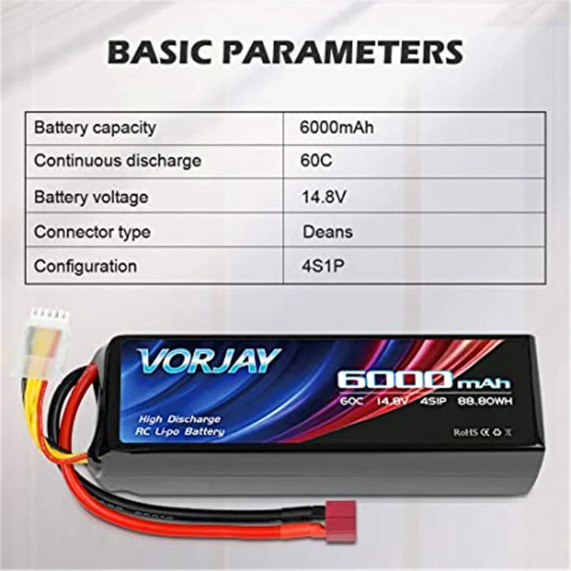 14.8V 6000mAh LiPo battery with Deans T connector and XT 60 connector for helicopter aircraft，RC car, RC airplane