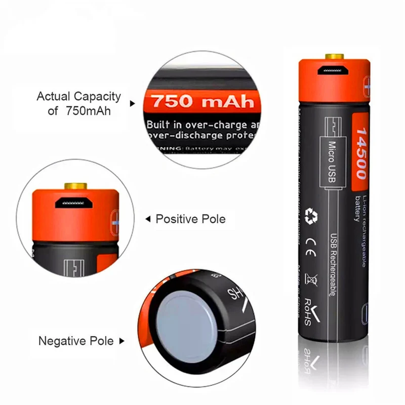 14500 750 mAh 3.7V USB li-ion battery Actual capacity USB DC charging advanced intelligent battery
