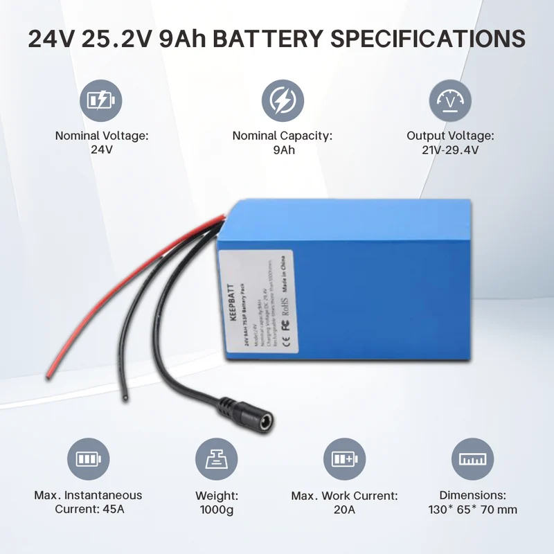 24V 25.2V 9Ah 7S3P 9000mAh 18650 Battery Pack Ebike With 29.4V charger