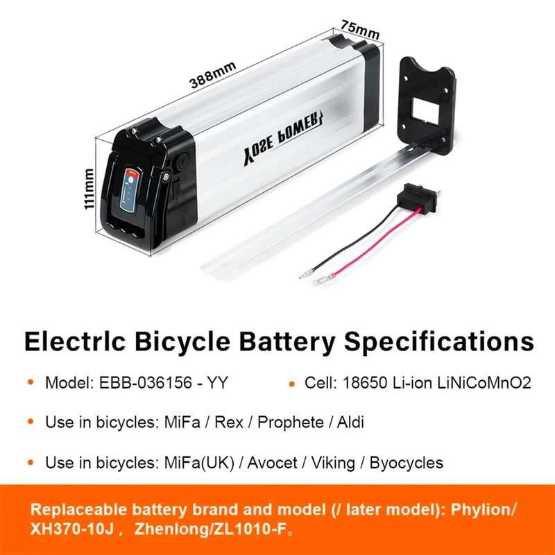 E-bike 18650 lithium 36V battery pack with USB silverfish battery for MiFa bicycle Phylion XH370-10J lithium battery