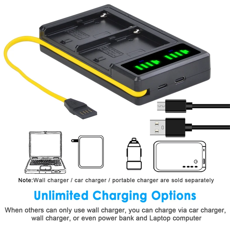 2Pc 7200mAh NP-F960 NP F970 Camera Battery + LCD USB Charger for NP-F550 F770 F750 F960 FM500H FM70 QM91D QM71D HVR-V1J