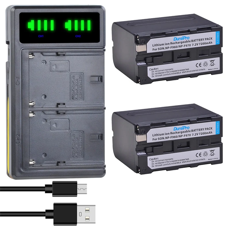 2Pc 7200mAh NP-F960 NP F970 Camera Battery + LCD USB Charger for NP-F550 F770 F750 F960 FM500H FM70 QM91D QM71D HVR-V1J