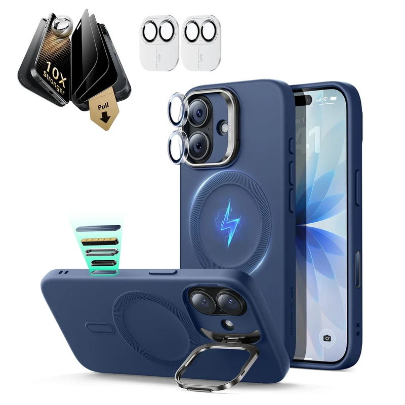 iPhone 17 Bundle Cloud Soft Magnetic Case (Stash Stand) and Armorite Pro Privacy Screen Protector - Navy Blue